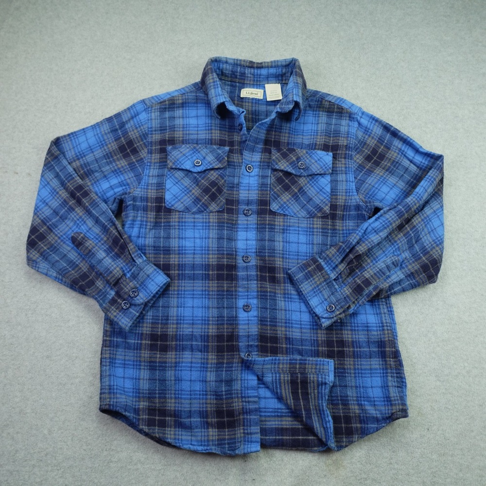 LL Bean Shirt Boys M 10-12 Blue Plaid Flannel Outdoor Button Down